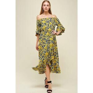 Off Shoulder Yellow Floral Printed Ruffle Dress in Small